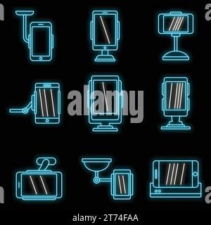 Jeu d'icônes du support mobile. Contour ensemble d'icônes vectorielles de support mobile de support de couleur néon sur noir Illustration de Vecteur