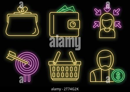 Icônes d'acheteur numérique définies. Contour ensemble d'icônes vectorielles d'acheteur numérique couleur néon sur noir Illustration de Vecteur