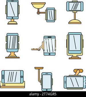 Jeu d'icônes du support mobile. Contour ensemble d'icônes vectorielles de support mobile de support de couleur mince de ligne plate sur blanc Illustration de Vecteur