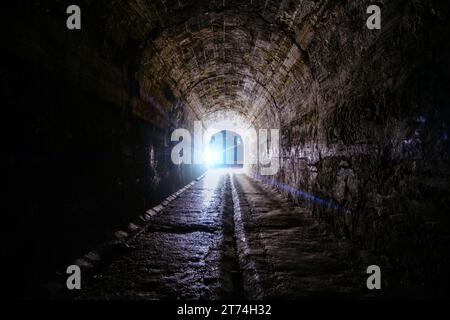 Vieux tunnel souterrain voûté historique sombre et créepy. Banque D'Images