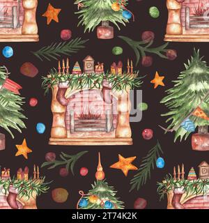 Motif sans couture festif aquarelle avec des articles d'intérieur de Noël. Articles d'hiver pour une nouvelle année confortable. Illustration pour la conception, imprimer Banque D'Images