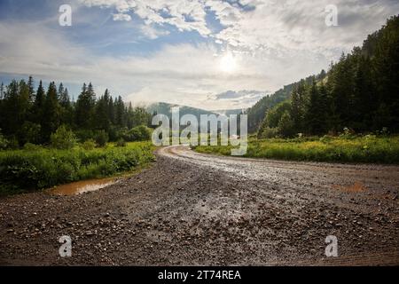 Une vue aérienne d'un chemin de terre sinueux traversant un paysage rural Banque D'Images