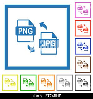 Icônes de couleur plate de conversion de fichier PNG JPG dans des cadres carrés sur fond blanc Illustration de Vecteur