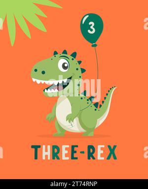 Dinosaure Tirannosaur trois Rex. Dessin animé Tirex. Carte d'anniversaire pour un enfant de trois ans. Motif vectoriel mignon et amusant dessin animé Dinosaur Illustration de Vecteur