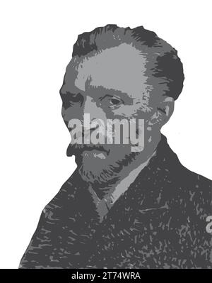 Portrait de Vincent Van Gogh vecteur blanc backgroud Silhouette. (1853-1890) peintre post-impressionniste néerlandais connu pour 'nuit étoilée'.Santé mentale. Illustration de Vecteur