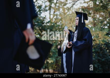 Divers étudiants universitaires vêtus de casquettes et de robes célèbrent l'obtention de leur diplôme par une journée ensoleillée. Ils marchent, s’amusent et se félicitent dans un parc. Banque D'Images