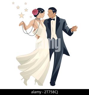Élégant couple de danseurs dansant à la mode rétro, isolé sur fond blanc. Illustration de Vecteur