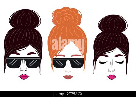 Vector Curly Hair Girl avec lunettes de soleil. Collection d'illustrations dessinées à la main V14 Illustration de Vecteur