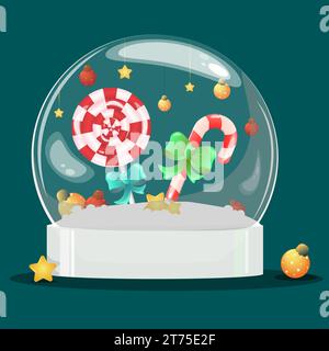 Boule de Noël transparente souvenir avec de la neige, des boules rouges et jaunes, des étoiles et des bonbons rayés à l'intérieur sur fond sombre. Vecteur Illustration de Vecteur