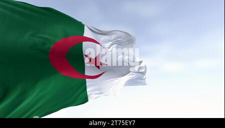 Gros plan du drapeau national de l'Algérie brandissant par temps clair. deux barres verticales, verte et blanche, avec une étoile rouge et un croissant au centre. illustrati 3d. Banque D'Images