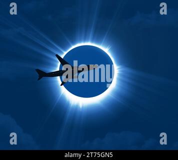 Art pour prévisualiser l'éclipse solaire totale aux USA, 8 avril 2024. Ceci est une illustration qui simule une vue d'une éclipse totale avec un avion de ligne fl Banque D'Images