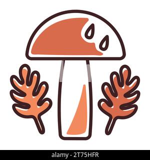 Champignon groovy et feuilles, icône de saison d'automne, pictogramme d'automne en couleurs orange Illustration de Vecteur