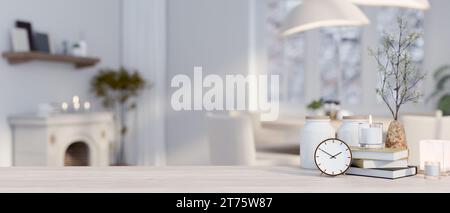 Image en gros plan de l'espace de copie pour afficher votre produit sur un plateau en bois minimal avec accessoires dans un salon blanc moderne et confortable. rendu 3d, 3 Banque D'Images