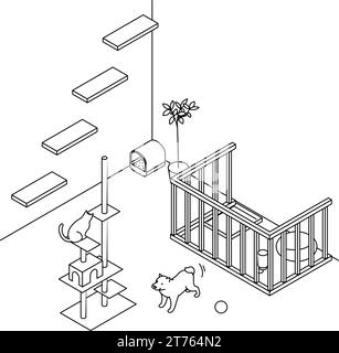 Trouver une chambre à louer: propriété acceptant les animaux, tour de chat et cercle de chien simple isométrique, Vector Illustration Illustration de Vecteur