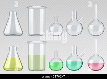 Ensemble de verrerie de laboratoire vide et plein isolé sur fond transparent. Vector illustration réaliste de bécher de laboratoire, flacons, tubes remplis de col Illustration de Vecteur