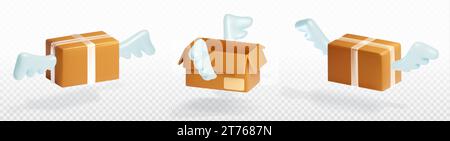 Boîte en carton avec ailes pour une livraison rapide et express des achats et marchandises en ligne. ensemble d'illustrations vectorielles de rendu 3d de carton brun volant ouvert un Illustration de Vecteur