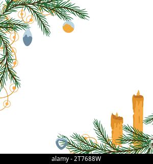 Bordure de branches de pin et de sapin avec boules du nouvel an et guirlande d'arbre de Noël et bougies dans l'illustration de coin pour la conception de carte postale ou bann Illustration de Vecteur