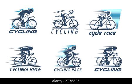 Icônes du sport cycliste avec silhouettes de coureurs de vélo. Signes vectoriels de course de vélo de route ou de cyclisme sur piste des hommes cyclistes à vélo avec des casques de sécurité et des sentiers de mouvement de vitesse, compétition sportive Illustration de Vecteur