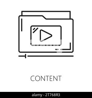 Contenu. CDN. Icône de réseau de diffusion de contenu, technologie multimédia Web, service de téléchargement et de mise à jour de fichiers de blogue ou de portail interne, symbole vectoriel de ligne mince CDN ou pictogramme avec dossier informatique et fichiers multimédias Illustration de Vecteur