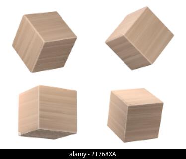 Ensemble de cubes en bois 3D isolé sur fond blanc. Illustration réaliste vectorielle de blocs cubiques en bois naturel avec texture de chêne, jouet enfant Mo Illustration de Vecteur