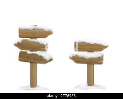 Panneau en bois recouvert de vecteur de dessin animé 3d de neige. Illustration réaliste de divers panneaux de flèches enneigées vierges et bannières avec texture en bois pour Illustration de Vecteur
