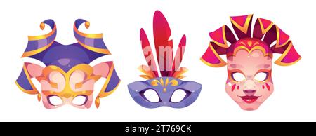 Masques de carnaval pour un spectacle de mascarade ou un festival. Pièces de costume de vecteur de dessin animé pour le camouflage du visage avec des plumes et des ornements. Théate traditionnel Illustration de Vecteur