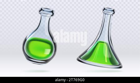 Flacons de mesure chimique en verre remplis de liquide vert. Ensemble vectoriel 3d réaliste de béchers chimiques ou médicaux de laboratoire. Équipement scientifique - test Illustration de Vecteur