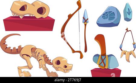 Éléments de conception de musée d'archéologie ensemble isolé sur fond blanc. Illustration vectorielle contemporaine de dessin animé de crâne et squelette de dinosaure, âge de pierre Illustration de Vecteur
