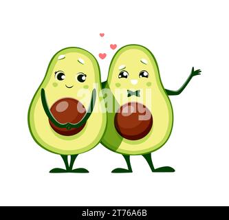 Personnages d'avocat mexicain Kawaii de dessin animé dans l'amour, personnages d'enfants de vecteur. Drôle mignon avocat garçon et fille heureux avec des coeurs en amour avec des visages souriants, enlacement joyeux des personnages d'avocat Illustration de Vecteur