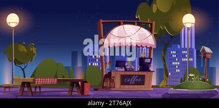 Cabine de café extérieur sur le patio de parc de rue près de l'illustration vectorielle de dessin animé de table. Marché de ville d'été nocturne avec vendeur de café. Personne au festival. Marke Illustration de Vecteur