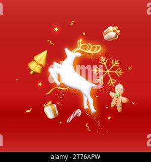Cerf 3D avec cornes dorées et arbre de Noël Illustration de Vecteur