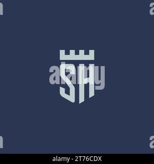 Monogramme de logo SH avec château de forteresse et idées de conception de style bouclier Illustration de Vecteur