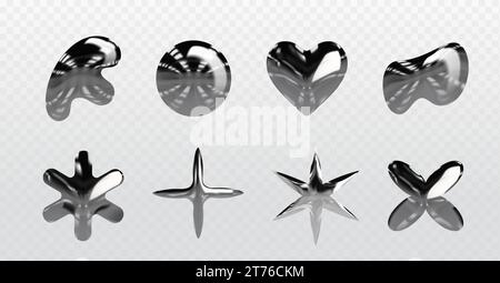 Ensemble d'éléments chromés y2k isolés sur fond transparent. Illustration réaliste vectorielle d'étoile en métal liquide, fleur, croix, coeur, icônes rondes, bulles brillantes de forme abstraite avec surface brillante Illustration de Vecteur