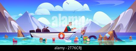 L'homme flotte dans le bateau sur l'océan ou la mer et recueille les ordures de l'eau avec le filet. Vecteur de dessin animé personne masculine nettoyant l'environnement de la pollution. Des bénévoles nettoient le lac jonché de déchets et de déchets. Illustration de Vecteur