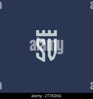 Monogramme de logo SV avec château de forteresse et idées de conception de style bouclier Illustration de Vecteur
