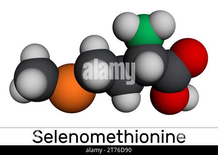 Molécule de sélénométhionine. C'est un acide aminé naturel. Formule chimique structurale et modèle moléculaire. Modèle moléculaire. Rendu 3D. ILLUST Banque D'Images