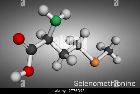 Molécule de sélénométhionine. C'est un acide aminé naturel. Formule chimique structurale et modèle moléculaire. Modèle moléculaire. Rendu 3D. ILLUST Banque D'Images