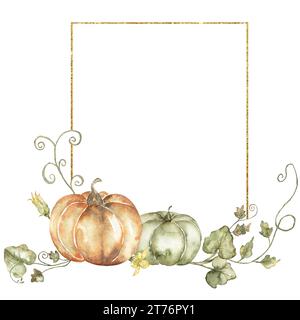 Citrouilles aquarelle, feuilles de clipart de couronne. Illustration de bordure florales d'automne, période de récolte Banque D'Images