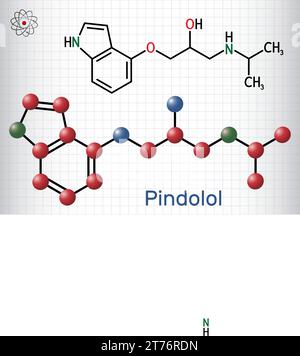 Molécule de pindolol. C'est un bloqueur non sélectif des récepteurs bêta-adrénergiques, utilisé pour traiter l'hypertension, l'œdème. Formule chimique structurale, modèle moléculaire Illustration de Vecteur