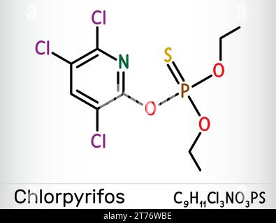 Chlorpyrifos, molécule de CPS. Il est neurotoxique organophosphate, utilisé comme pesticide. Formule chimique squelettique Illustration de Vecteur