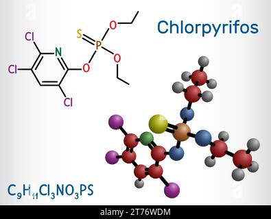 Chlorpyrifos, molécule de CPS. Il est neurotoxique organophosphate, utilisé comme pesticide. Formule chimique structurale, modèle moléculaire. Illustration de Vecteur