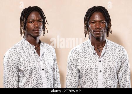 Jumeaux identiques. Concept de frères jumeaux homozygotes africains. Sujet vu sous différents angles. Modèle avec cheveux dreadlocks Banque D'Images