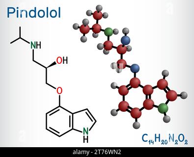 Molécule de pindolol. Formule chimique structurale, modèle moléculaire. Illustration de Vecteur