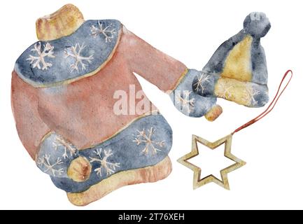 Illustration à l'aquarelle dessinée à la main. Pull tricoté bleu rouge avec étoiles scandinaves, chapeau pompom, ornement étoile en bois. Composition isolée sur blanc Banque D'Images