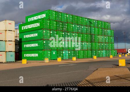Conteneurs maritimes Evergreen empilés sur quai, port de Felixstowe, Suffolk, Angleterre, Royaume-Uni Banque D'Images