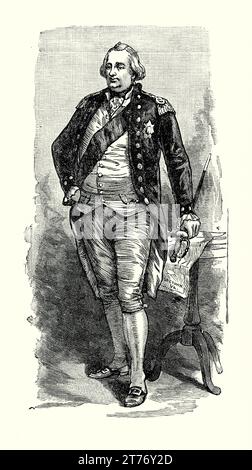 Une gravure ancienne de Charles Cornwallis. Il est tiré d'un livre d'histoire américain de 1895. Charles Cornwallis, 1e marquis Cornwallis, KG, PC (1738-1805) était un officier de l'armée britannique, un homme politique whig et un administrateur colonial. Aux États-Unis, il fut l'un des principaux officiers britanniques de la guerre d'indépendance américaine. Sa reddition en 1781 à une force combinée américaine et française lors du siège de Yorktown mit fin aux hostilités importantes en Amérique du Nord. Cornwallis servit plus tard en Irlande, où il contribua à l'adoption de l'Acte d'Union, et en Inde, où il aida à promulguer le Code Cornwallis. Banque D'Images