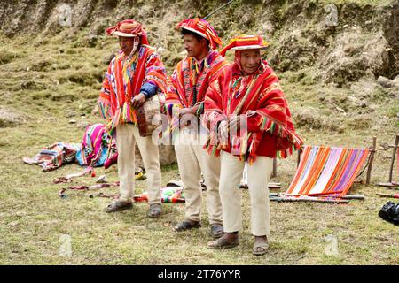 Des hommes de la Communauté Ccaccollo en robe traditionnelle jouant des instruments de musique traditionnels. Communauté de Ccaccollo, Pérou, 5 octobre 2023. Banque D'Images