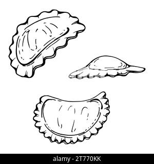 Illustration à l'encre vectorielle dessinée à la main. Ravioli pelmeni pierogi vareniki gyoza manti wonton plat. Ensemble d'éléments d'objet unique isolés sur blanc. Pour Illustration de Vecteur