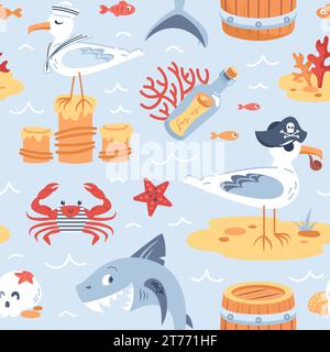 Motif sans couture pirate pour enfants. Personnages de dessins animés. Seagull marins, capitaine de navire avec chapeau armé. Requin, crabe en gilet. Bouteille, coraux, crâne, barr Illustration de Vecteur