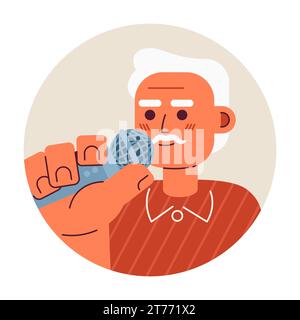 Homme senior caucasien de cheveux gris tenant micro illustration d'avatar vectoriel 2D. Illustration de Vecteur